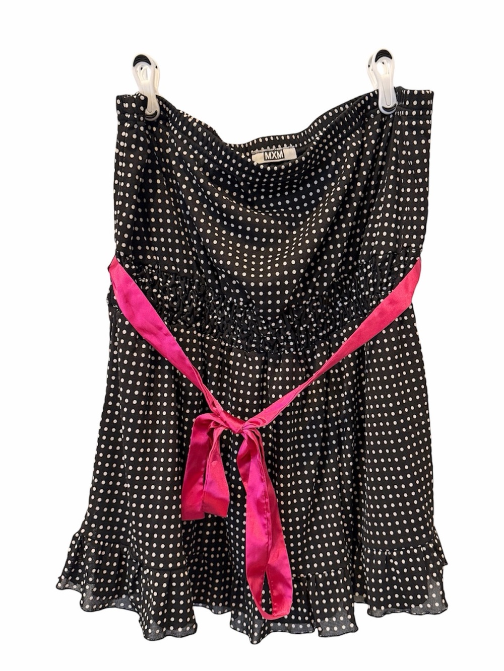 MXM Black Polka Dot Strapless Tunic with Pink Satin Waist Tie